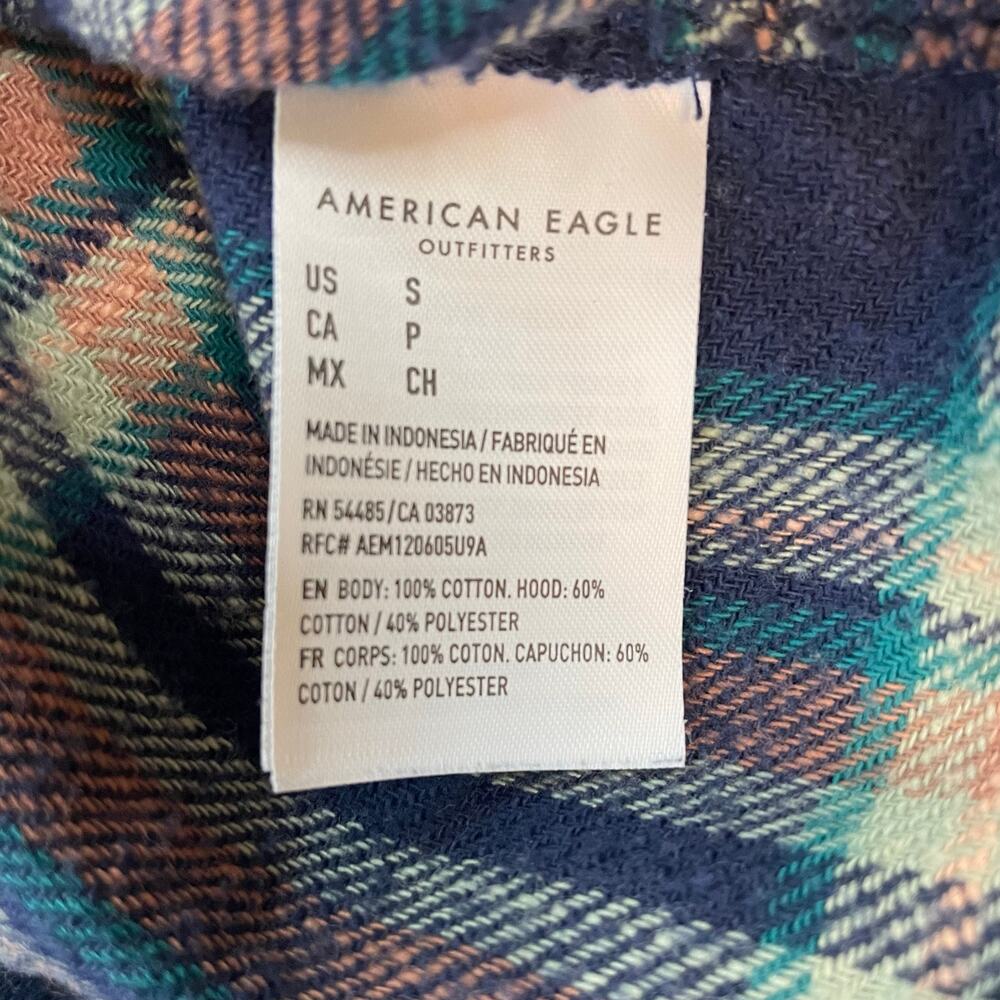 American Eagle Hooded Flannel Shirt Women’s Small Blue Green Plaid Button Front - Picture 4 of 7